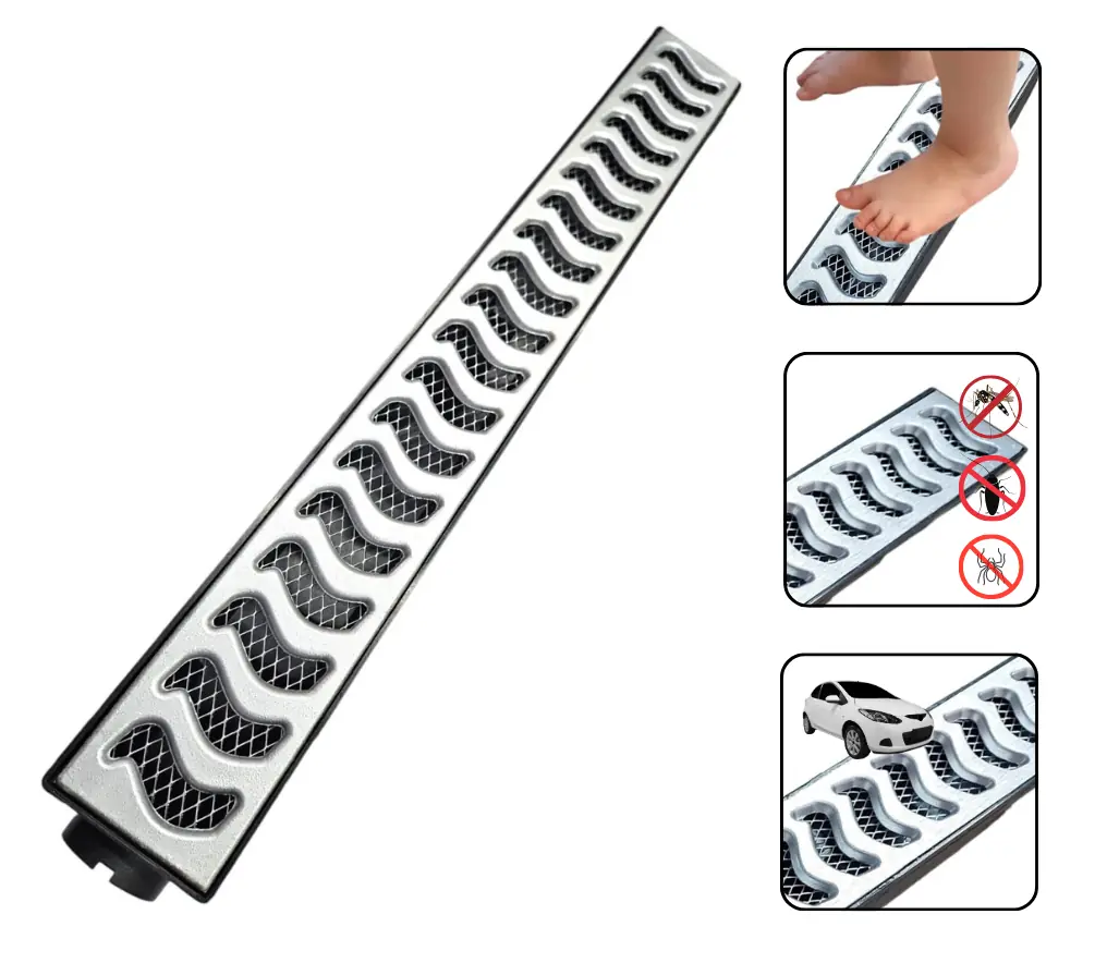 Ralo Linear 6x50cm Sifonado Anti Insetos Com Grelha Em Alumínio Escovado E Coletora Preta Continua