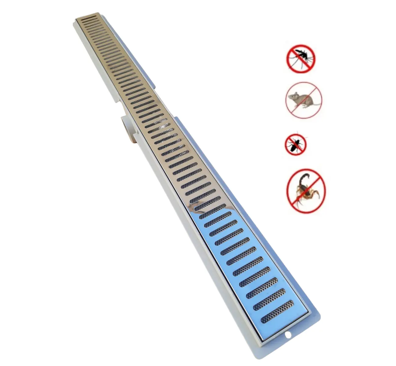 Ralo Linear Sifonado 5x50cm Anti Insetos Com Grelha Em Aço Inox Para Banheiros