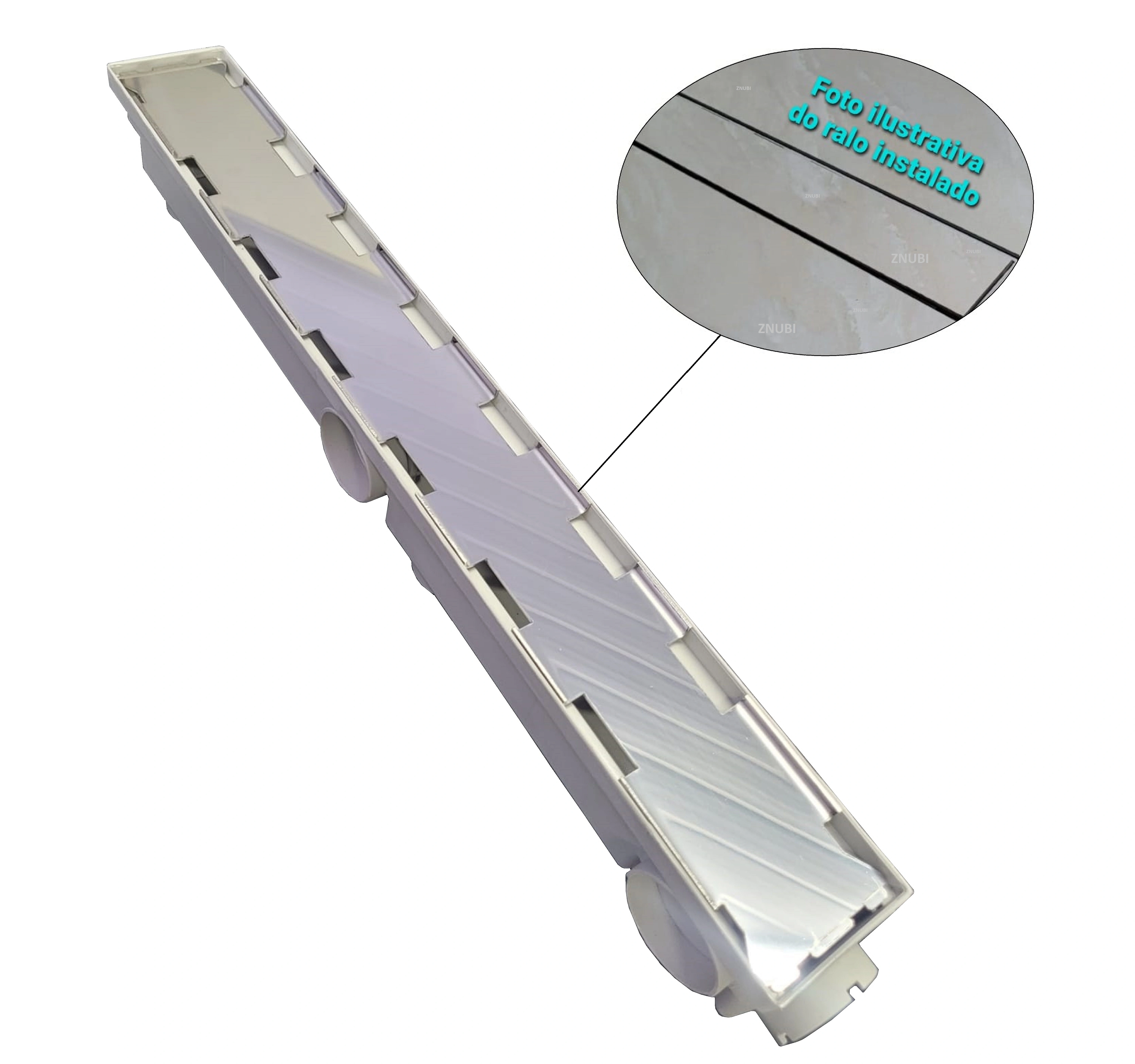 Ralo Linear 6x50cm Oculto Invisível Sifonado Com Base Em Inox Para Colar Piso Ou Porcelanato E Coletora Continua Branca