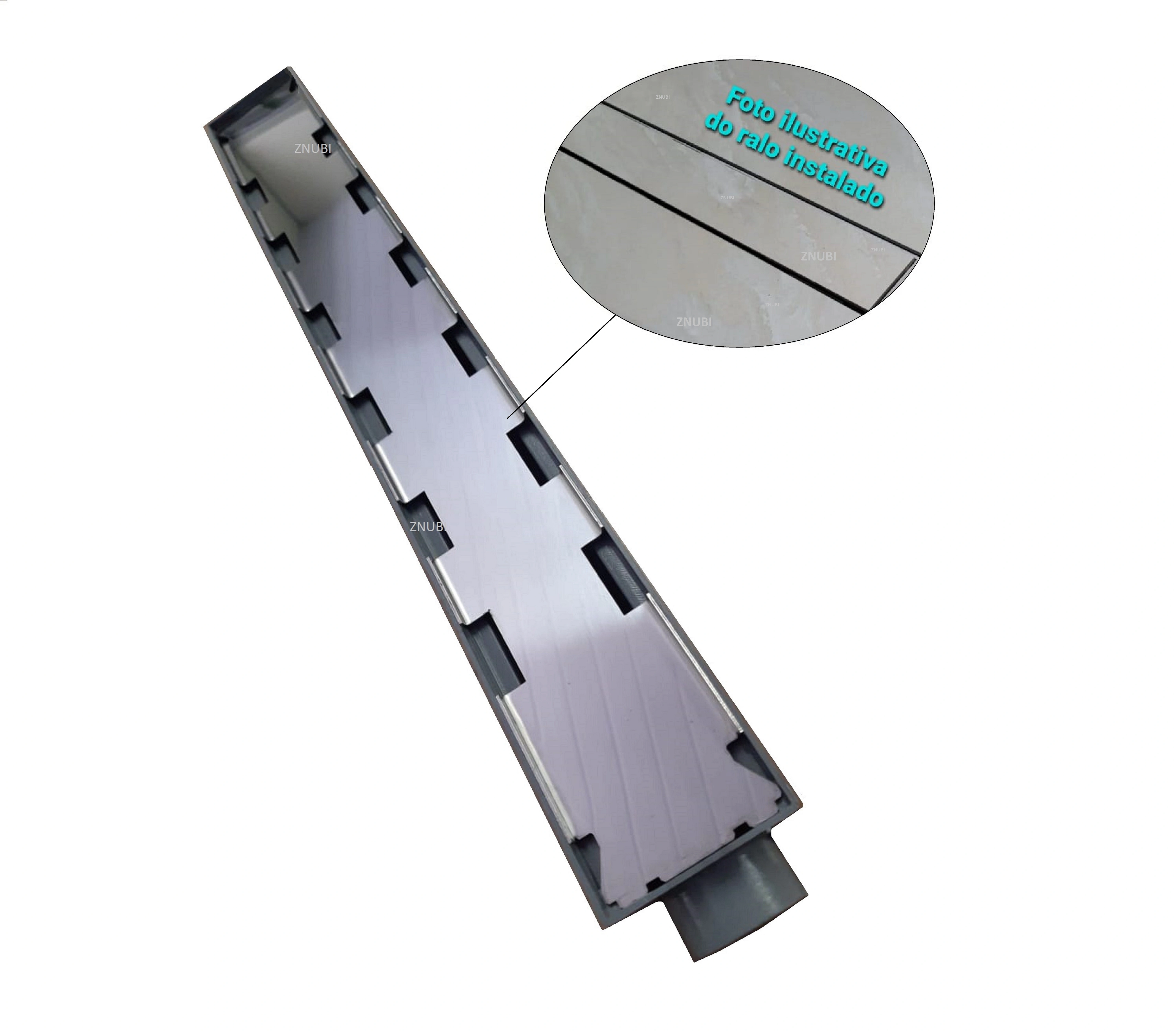 Ralo Linear 6x50cm Oculto Invisível Sifonado Com Base Em Inox Para Colar Piso Ou Porcelanato E Coletora Continua Cinza