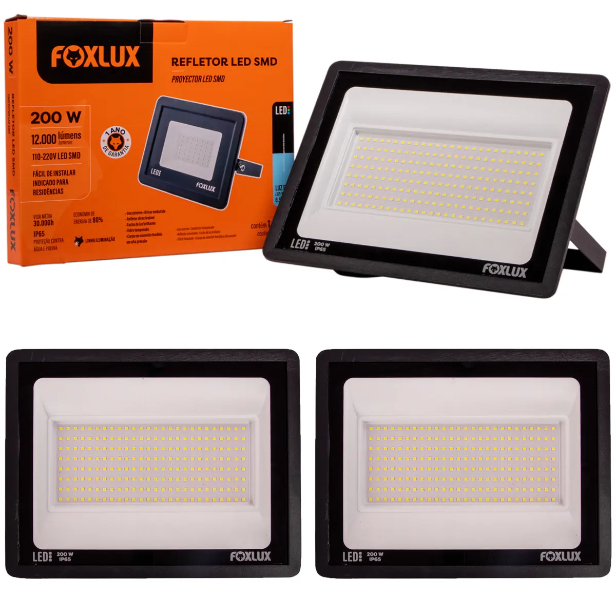 Kit 3 Refletor Led Foxlux 200w 6500k Bivolt Preto