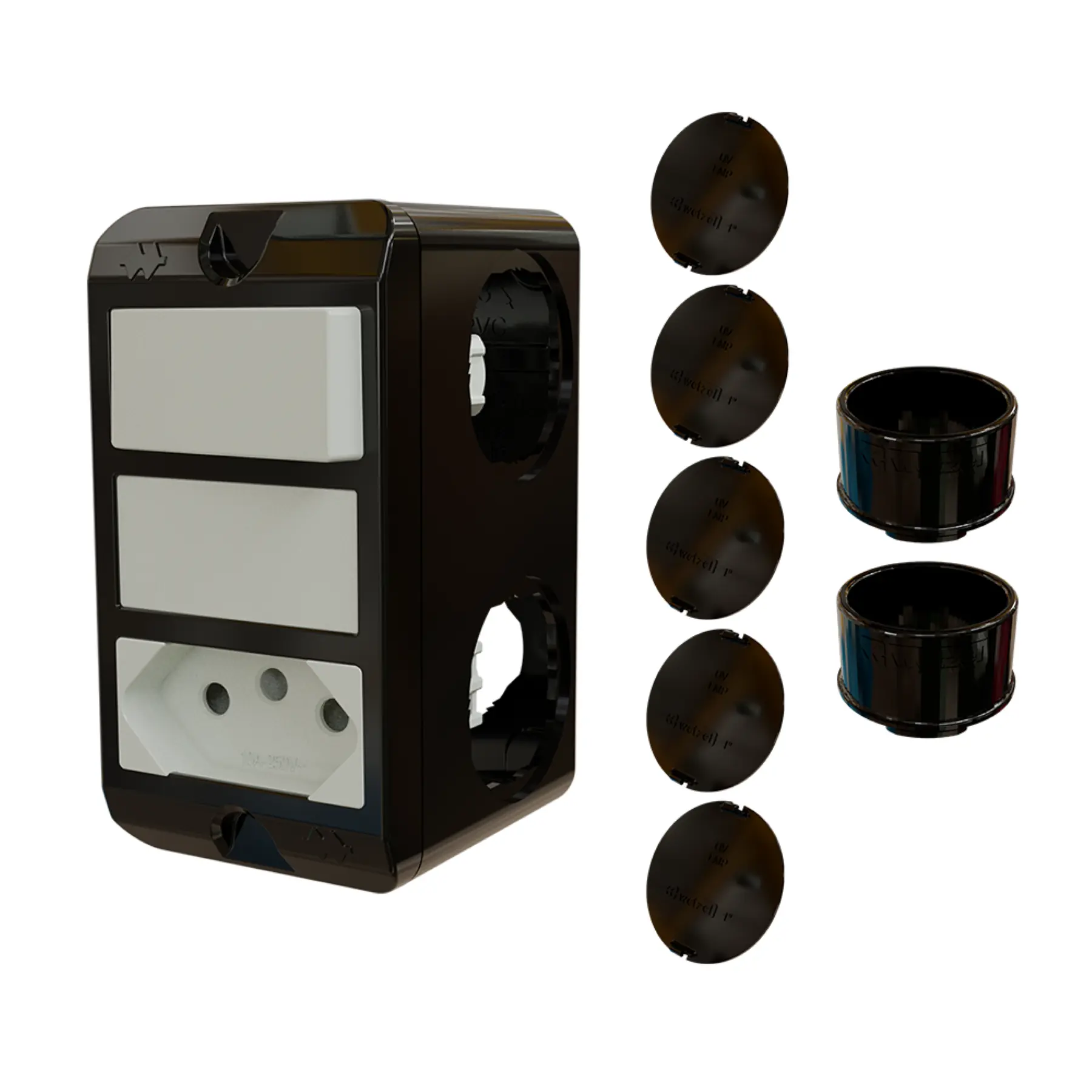 Combo Poliwetzel 3/4" PVC 1 Tomada 10A Interruptor Simples 2 Conectores 5 Tampões Preto Wetzel
