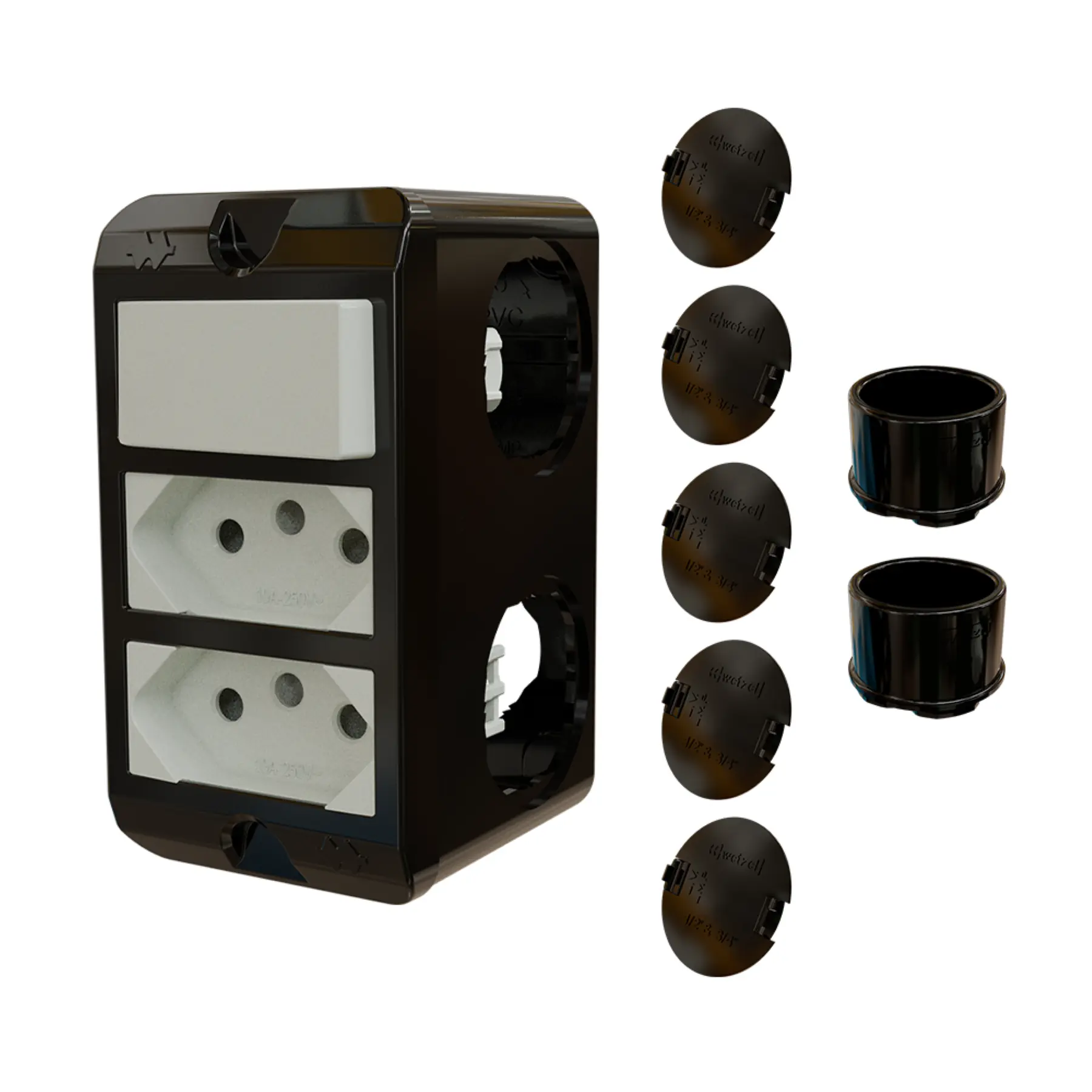 Combo Poliwetzel 3/4" PVC 2 Tomadas 10A 1 Interruptor Simples 2 Conectores 5 Tampões Preto Wetzel