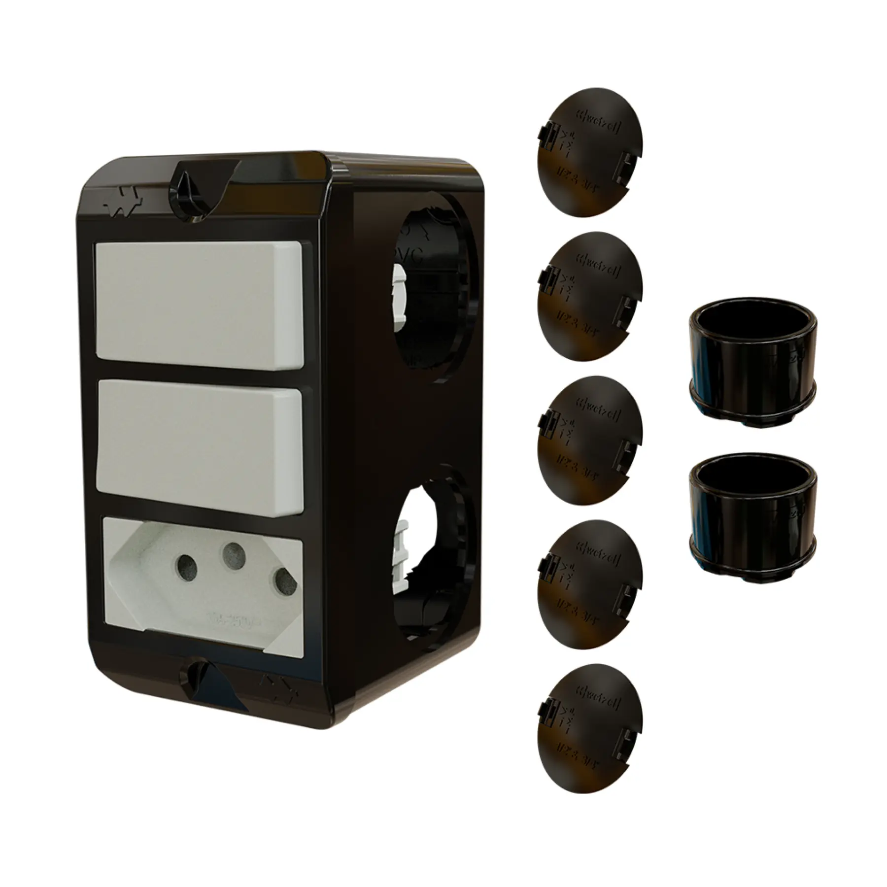Combo Poliwetzel 3/4" PVC 2 Interruptores Simples 1 Tomada 10A 2 Conectores 5 Tampões Preto Wetzel