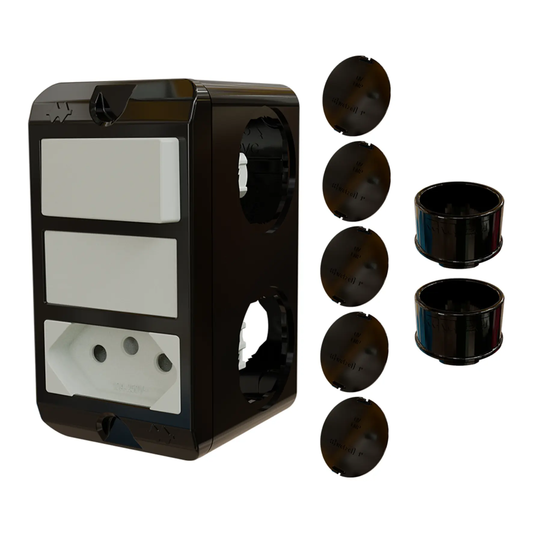 Combo Poliwetzel 3/4" PVC 1 Tomada 20A 1 Interruptor Simples 2 Conectores 5 Tampões Preto Wetzel