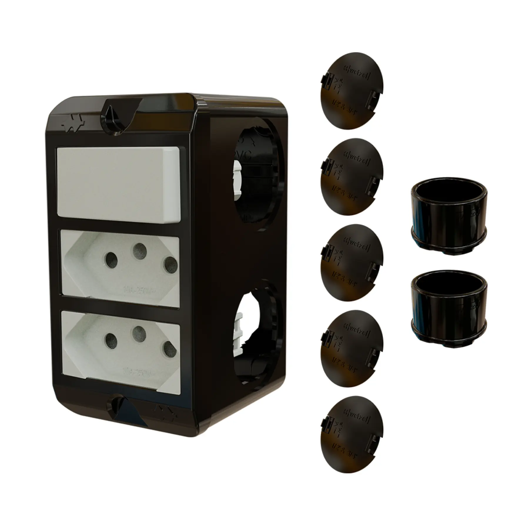 Combo Poliwetzel 3/4" PVC 2 Tomadas 1 Interruptor 20A 2 Conectores 5 Tampões Preto Wetzel
