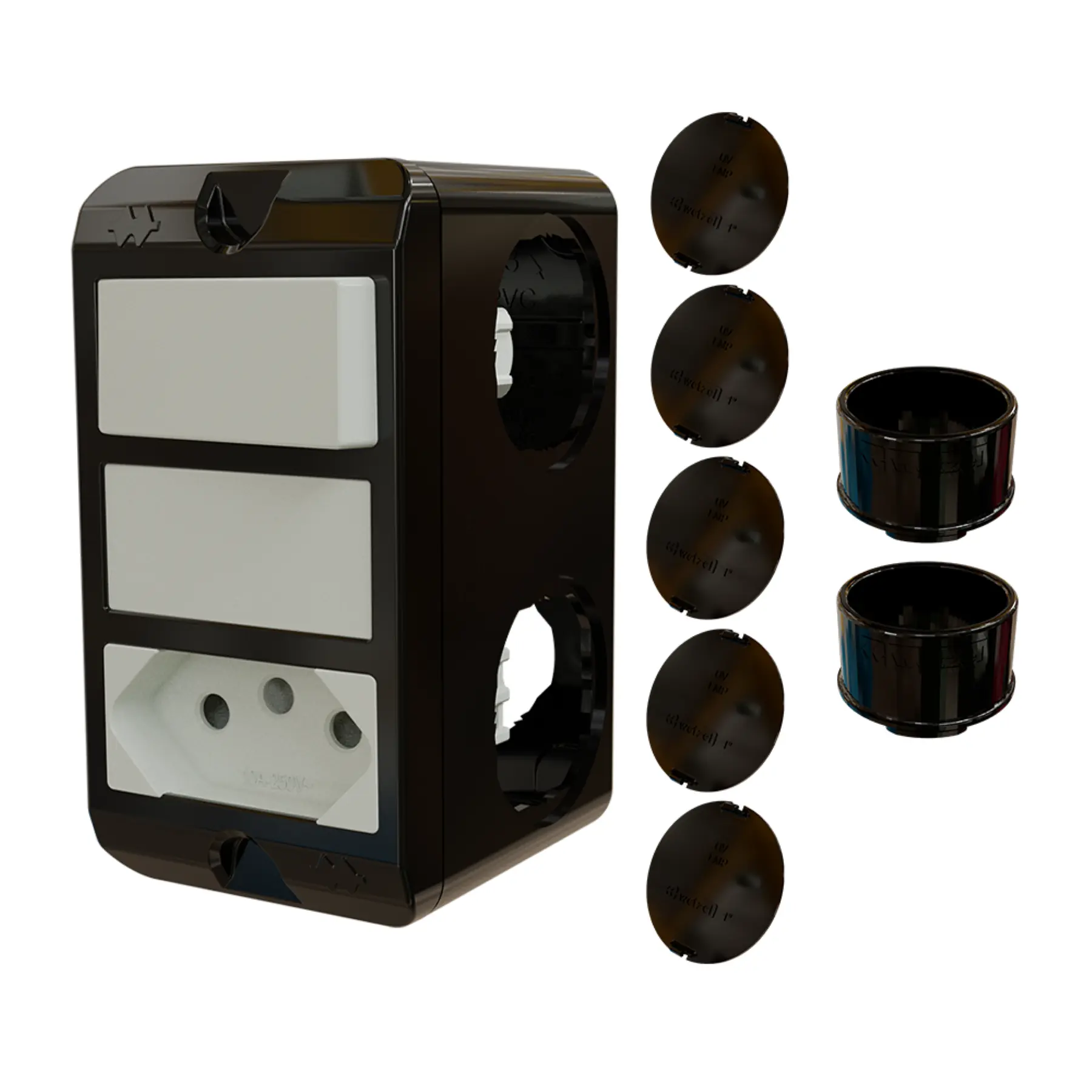 Combo Poliwetzel 3/4" PVC 1 Tomada 10A 1 Interruptor Paralelo 2 Conectores 5 Tampões Preto Wetzel