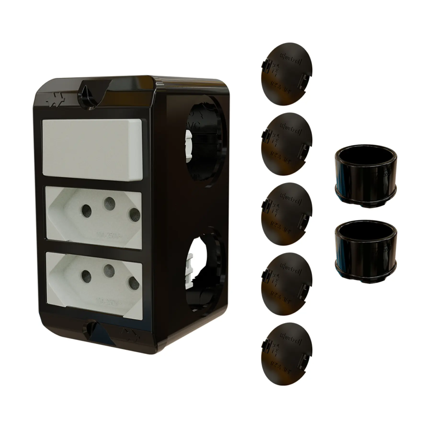 Combo Poliwetzel 3/4" PVC 2 Tomadas 10A 1 Interruptor Paralelo 2 Conectores 5 Tampões Preto Wetzel