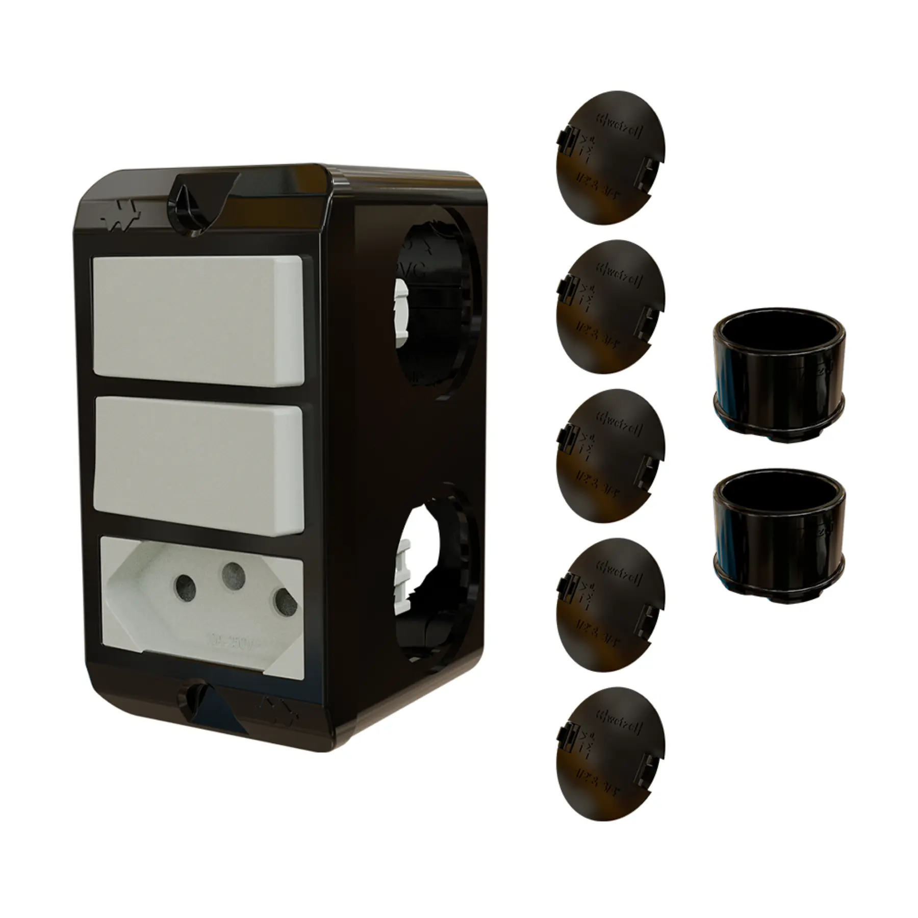 Combo Poliwetzel 3/4" PVC 2 Interruptores Paralelos 1 Tomada 10A 2 Conectores 5 Tampões Preto Wetzel