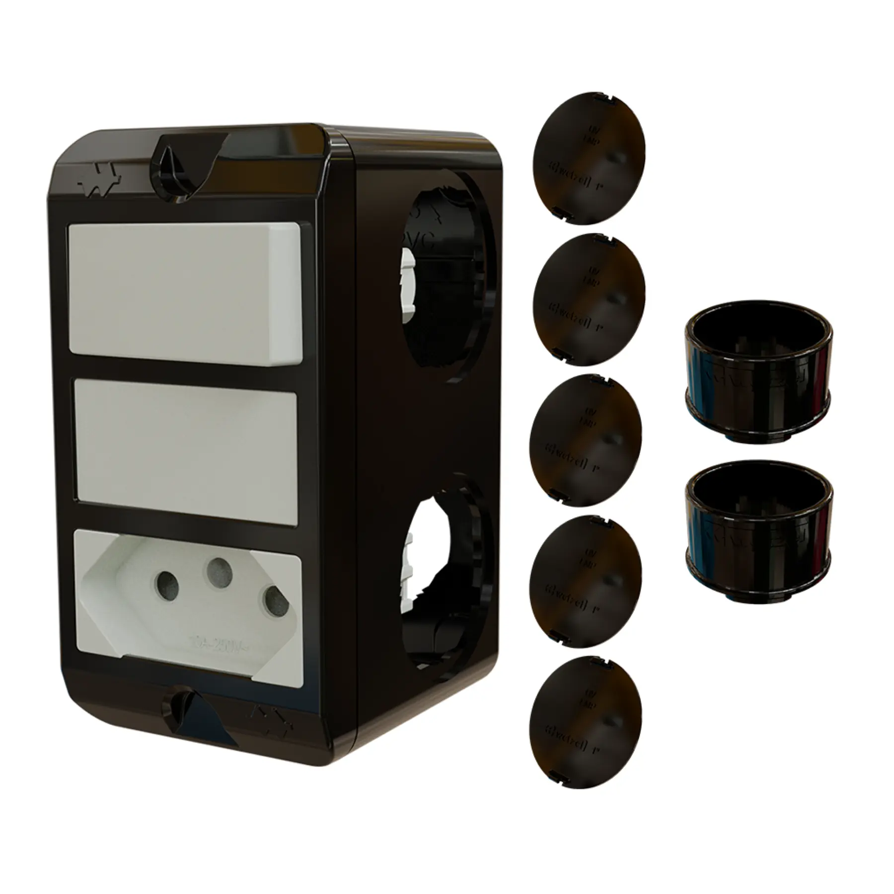 Combo Poliwetzel 3/4" PVC 1 Tomada 20A 1 Interruptor Paralelo 2 Conectores 5 Tampões Preto Wetzel
