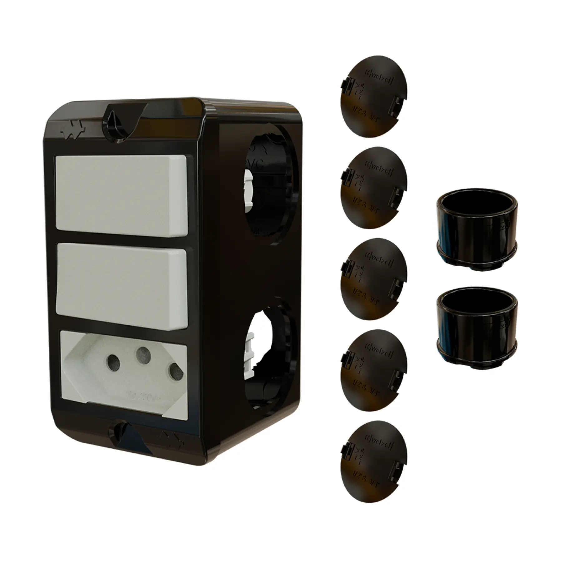 Combo Poliwetzel 3/4" PVC 2 Interruptores Pararelos 1 Tomada 20A 2 Conectores 5 Tampões Preto Wetzel