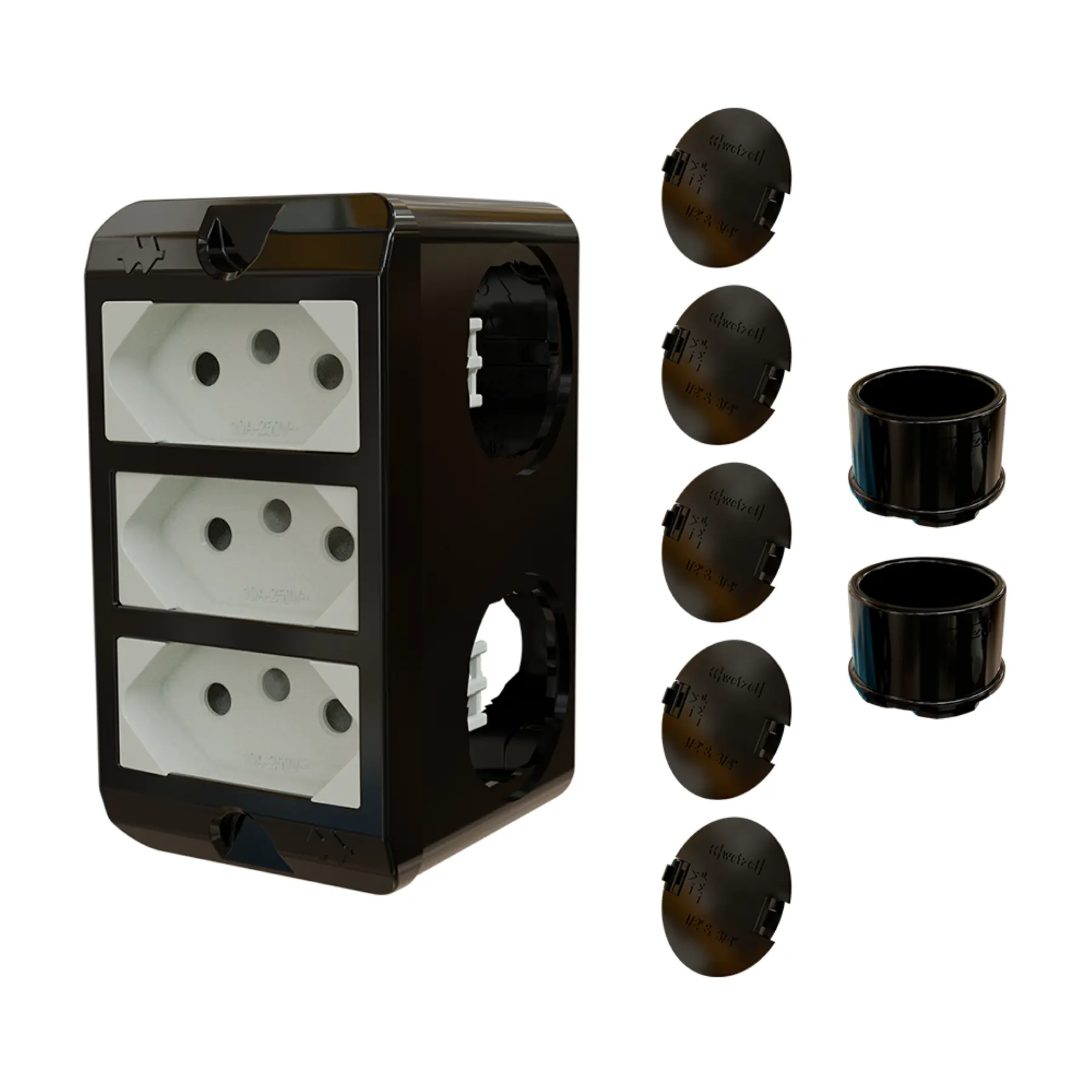 Combo Poliwetzel 3/4" PVC 3 Tomadas 20A 2 Conectores 5 Tampões Preto Wetzel