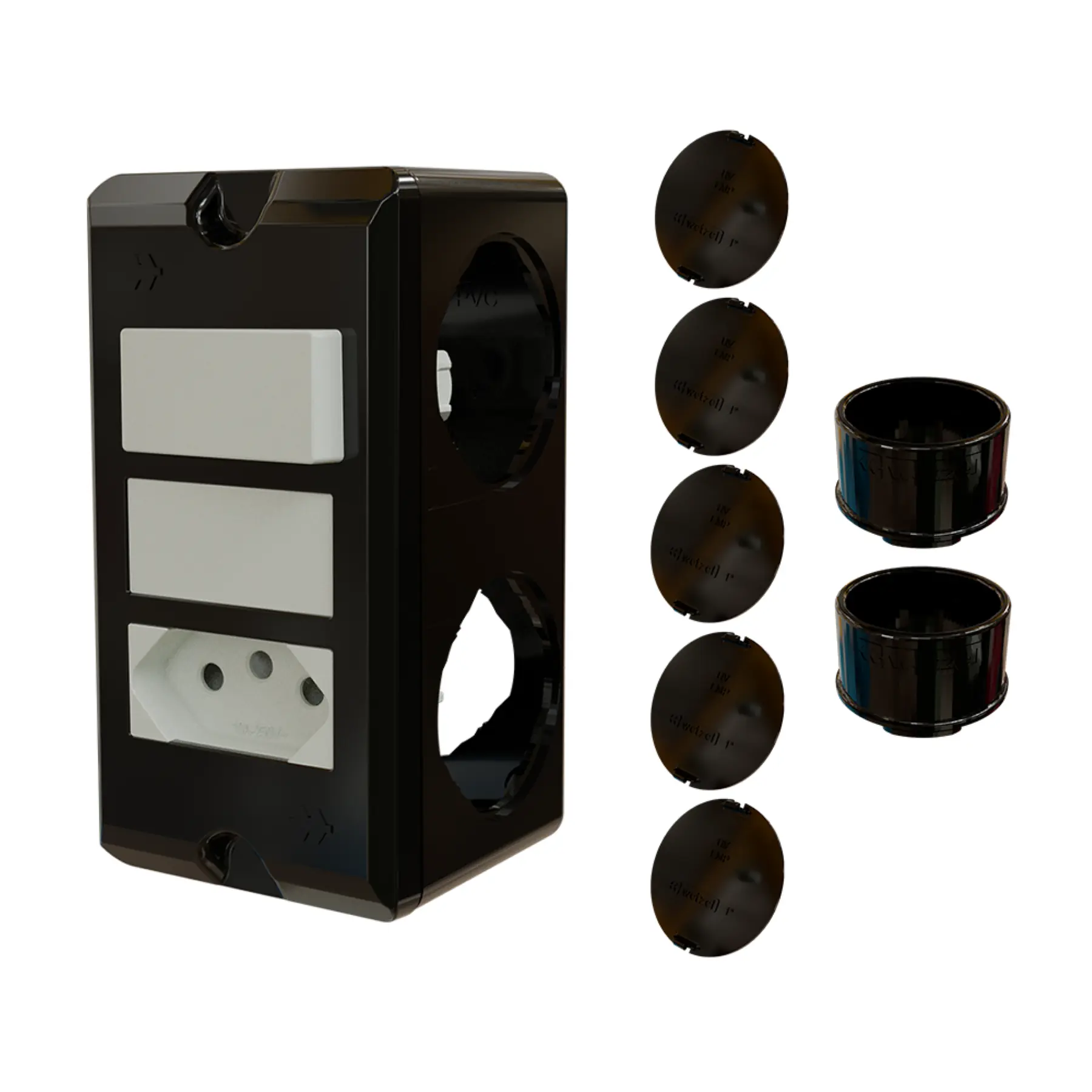 Combo Poliwetzel 1" PVC 1 Tomada 10A 1 Interruptor Simples 2 Conectores 5 Tampões Preto Wetzel