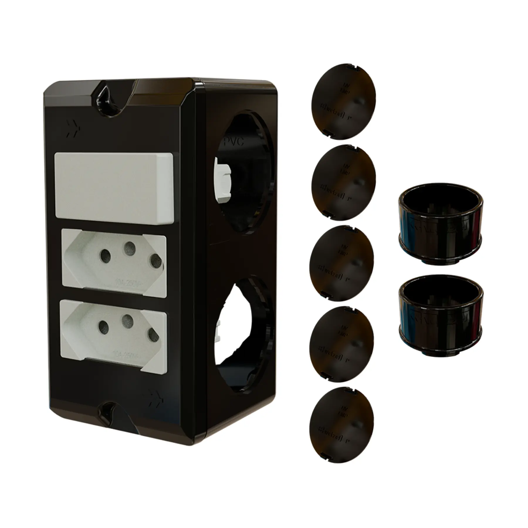 Combo Poliwetzel 1" PVC 2 Tomadas 10A 1 Interruptor Simples 2 Conectores 5 Tampões Preto Wetzel