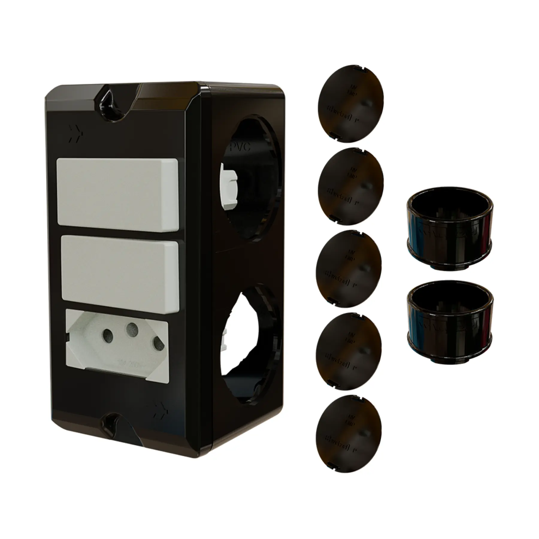 Combo Poliwetzel 1" PVC 2 Interruptores Simples 1 Tomada 10A 2 Conectores 5 Tampões Preto Wetzel