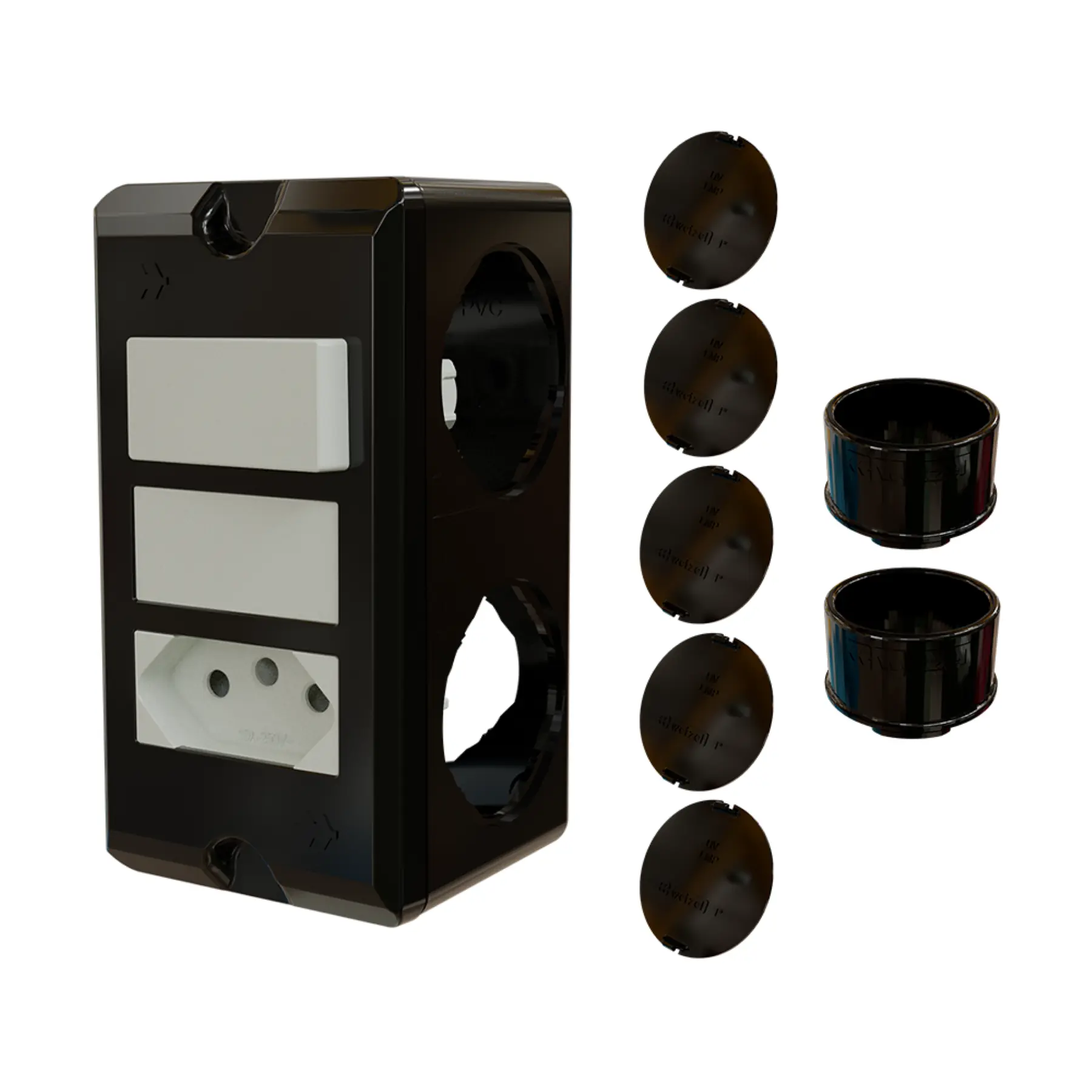Combo Poliwetzel 1" PVC 1 Tomada 20A 1 Interruptor Simples 2 Conectores 5 Tampões Preto Wetzel