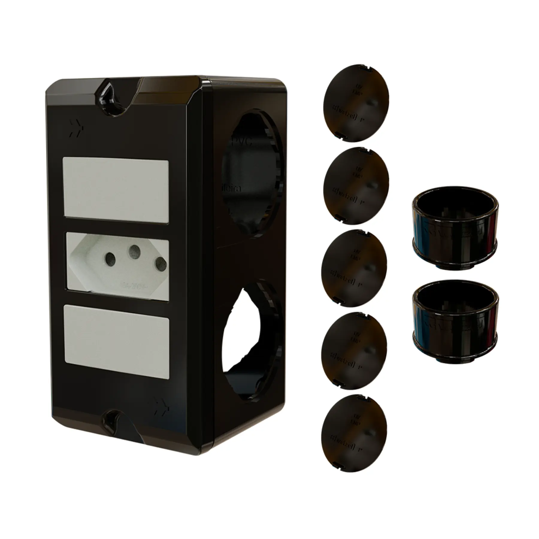 Combo Poliwetzel 1" PVC 1 Tomada 20A 2 Conectores 5 Tampões Preto Wetzel