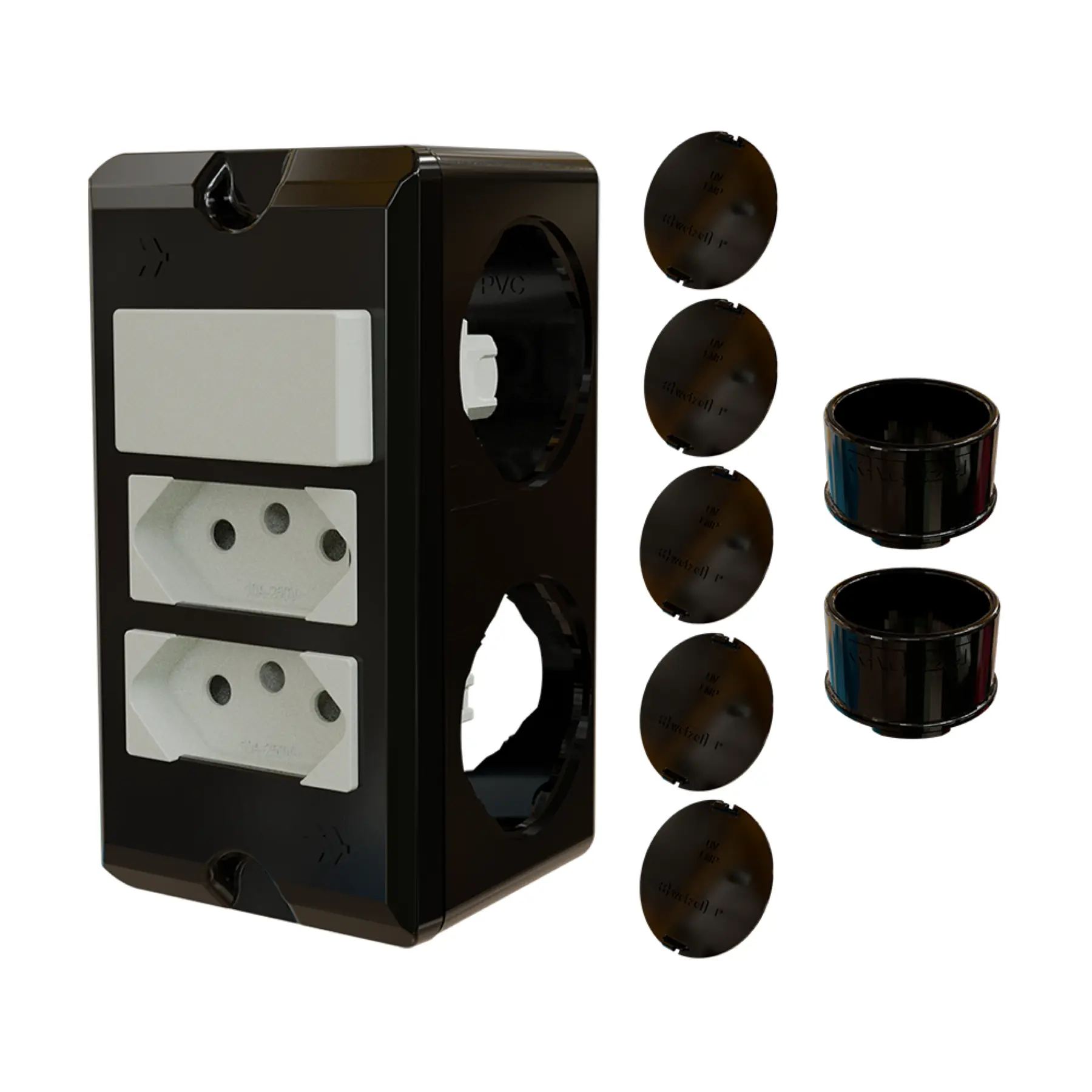 Combo Poliwetzel 1" PVC 2 Tomadas 20A 1 Interruptor Simples 2 Conectores 5 Tampões Preto Wetzel