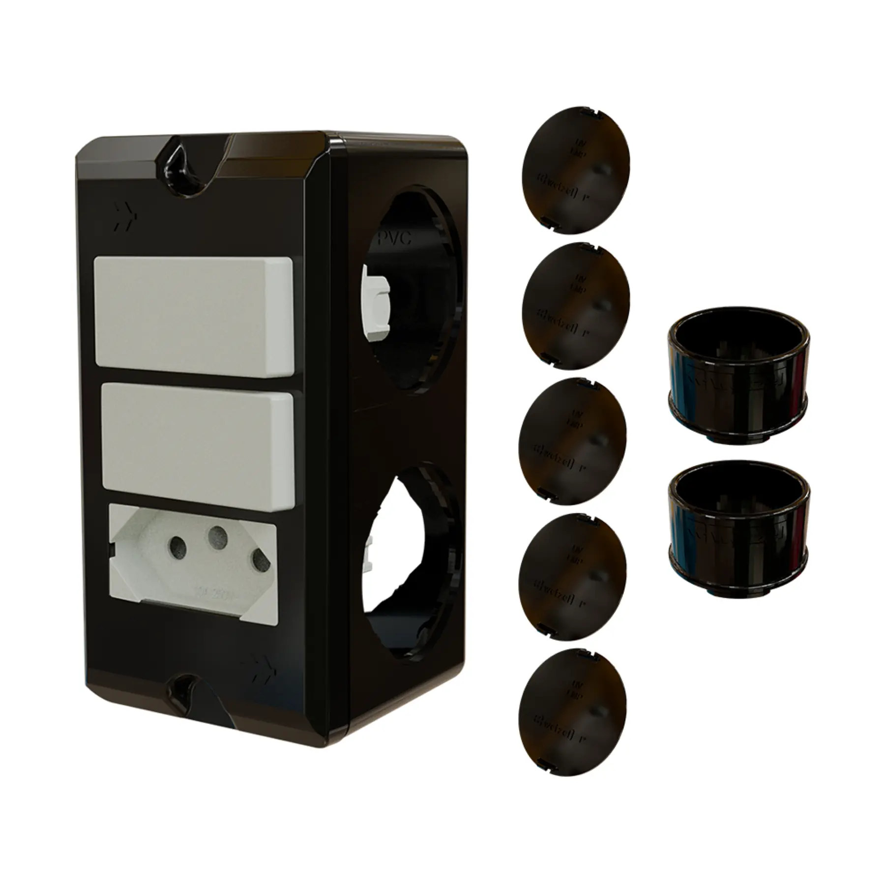 Combo Poliwetzel 1" PVC 2 Interruptores Simples 1 Tomada 20A 2 Conectores 5 Tampões Preto Wetzel