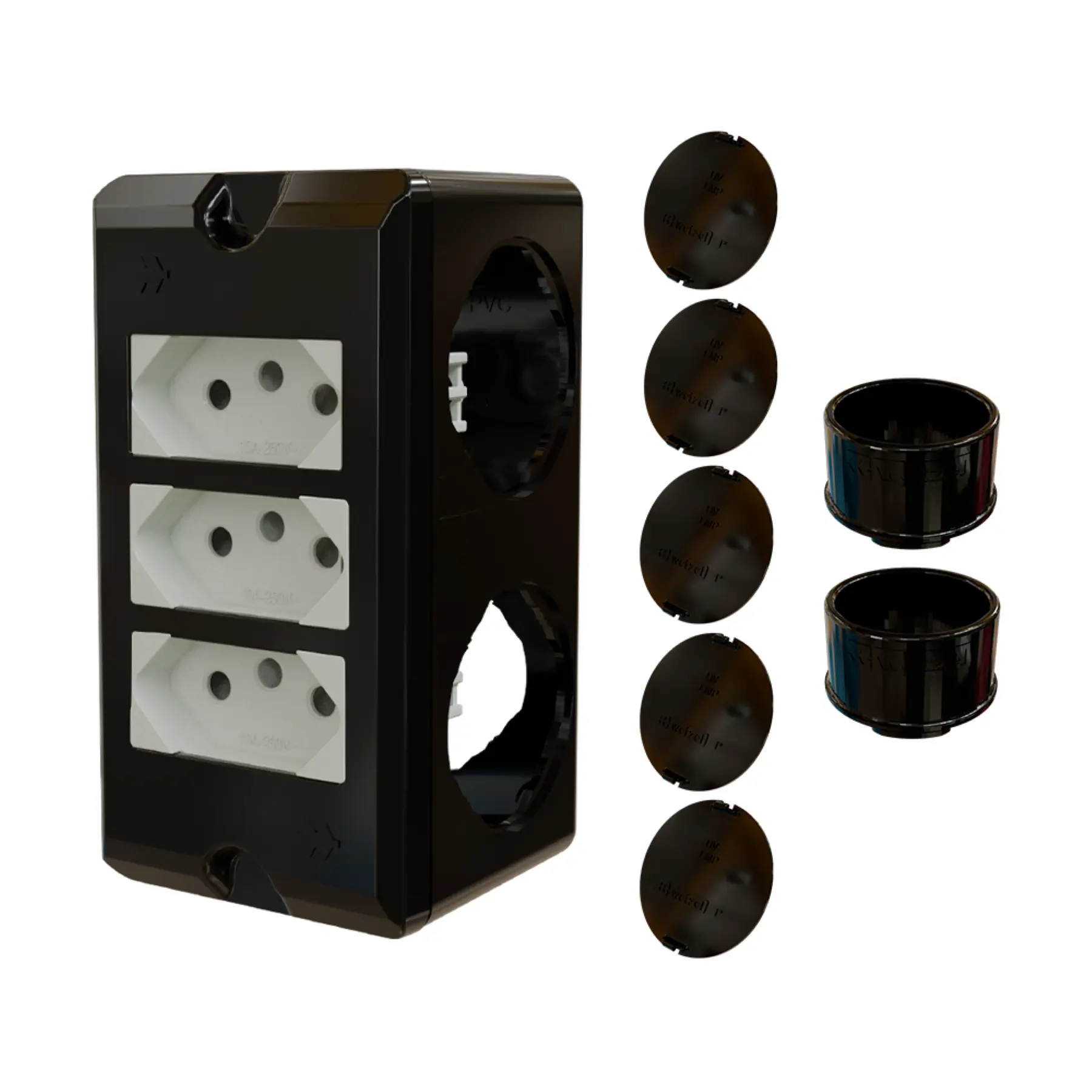 Combo Poliwetzel 1" PVC 3 Tomadas 20A 2 Conectores 5 Tampões Preto Wetzel