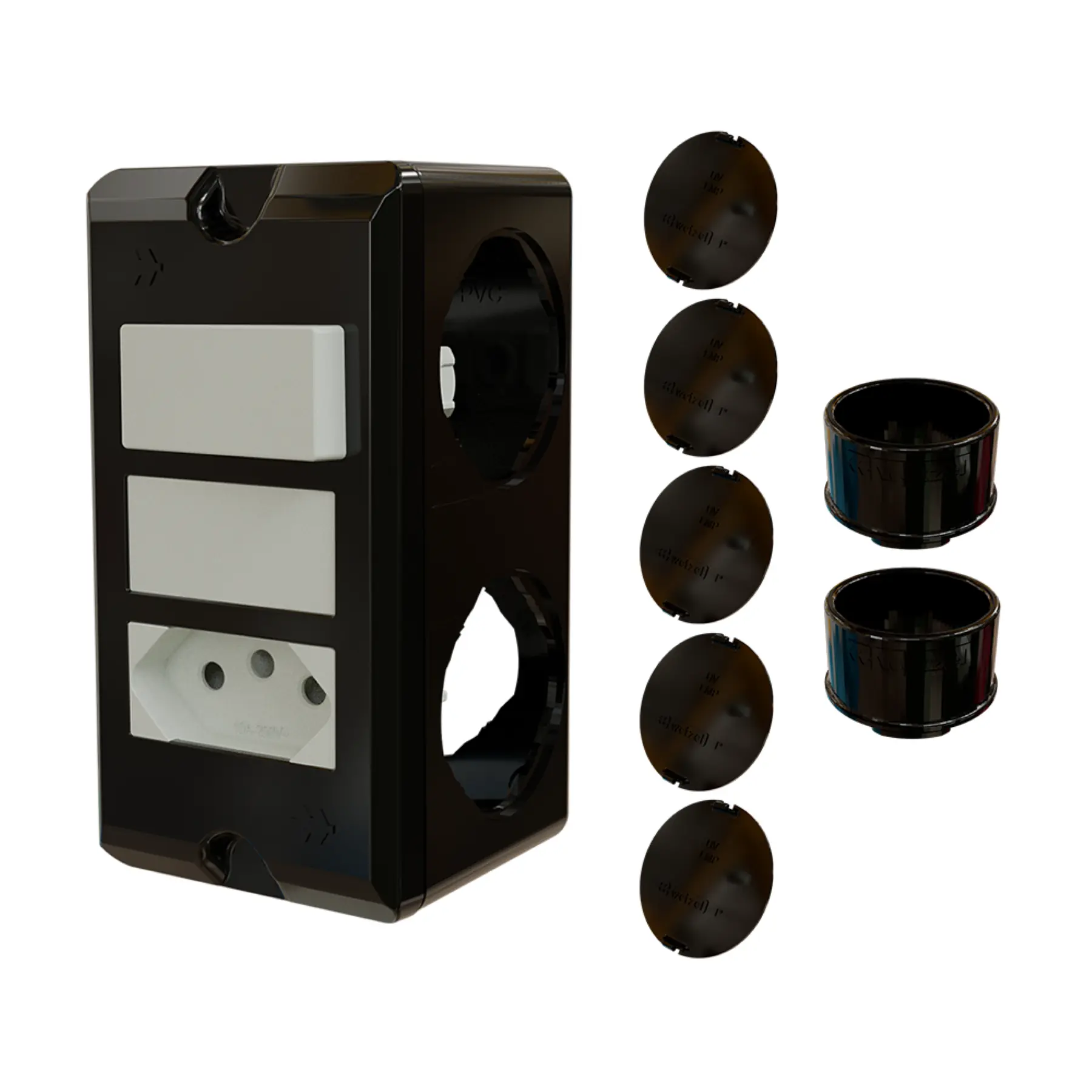 Combo Poliwetzel 1" PVC 1 Tomada 10A 1 Interruptor Paralelo 2 Conectores 5 Tampões Preto Wetzel