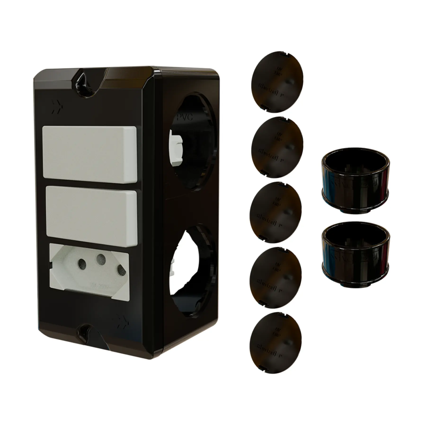 Combo Poliwetzel 1" PVC 2 Interruptores Paralelos 1 Tomada 10A 2 Conectores 5 Tampões Preto Wetzel