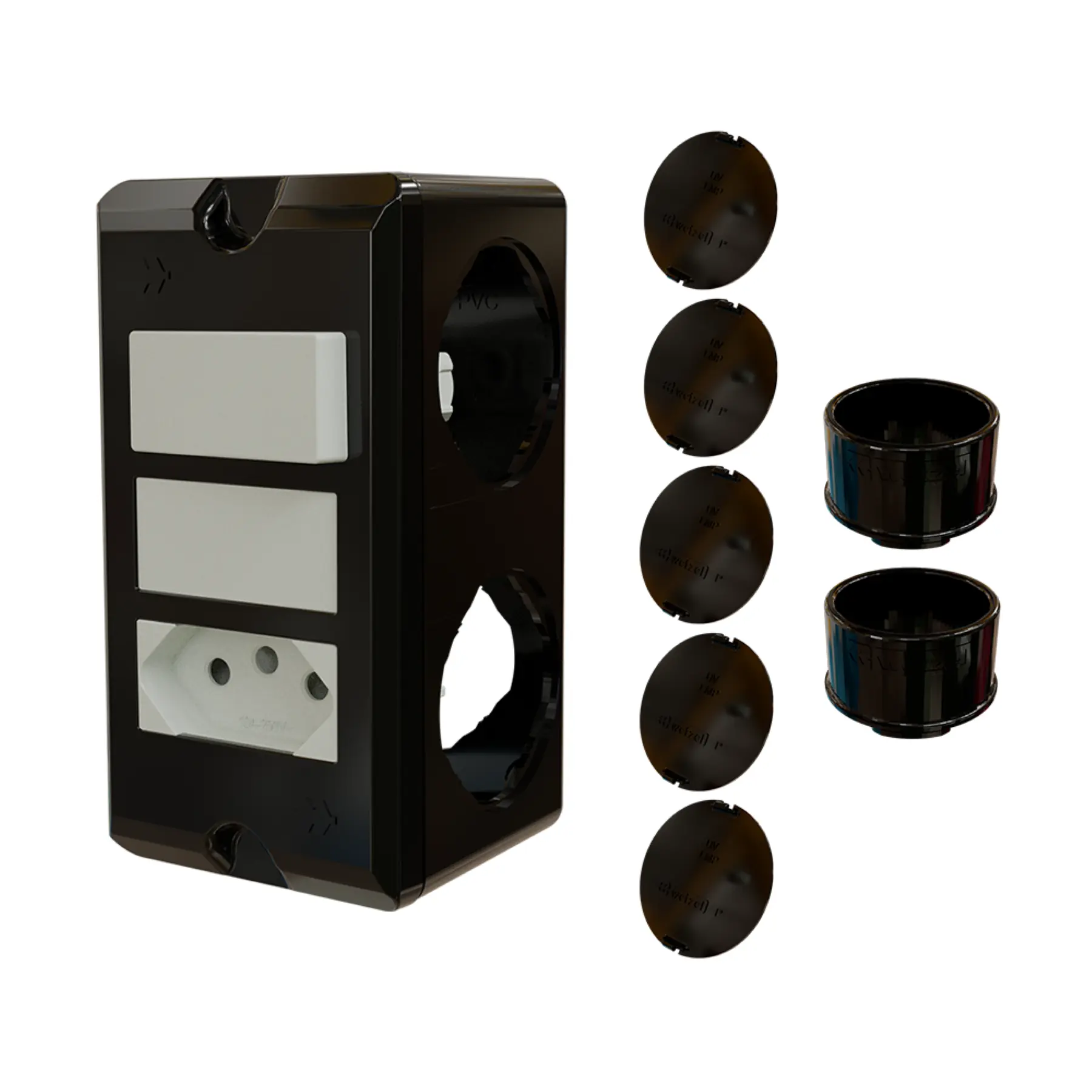 Combo Poliwetzel 1" PVC 1 Tomada 20A 1 Interruptor Paralelo 2 Conectores 5 Tampões Preto Wetzel
