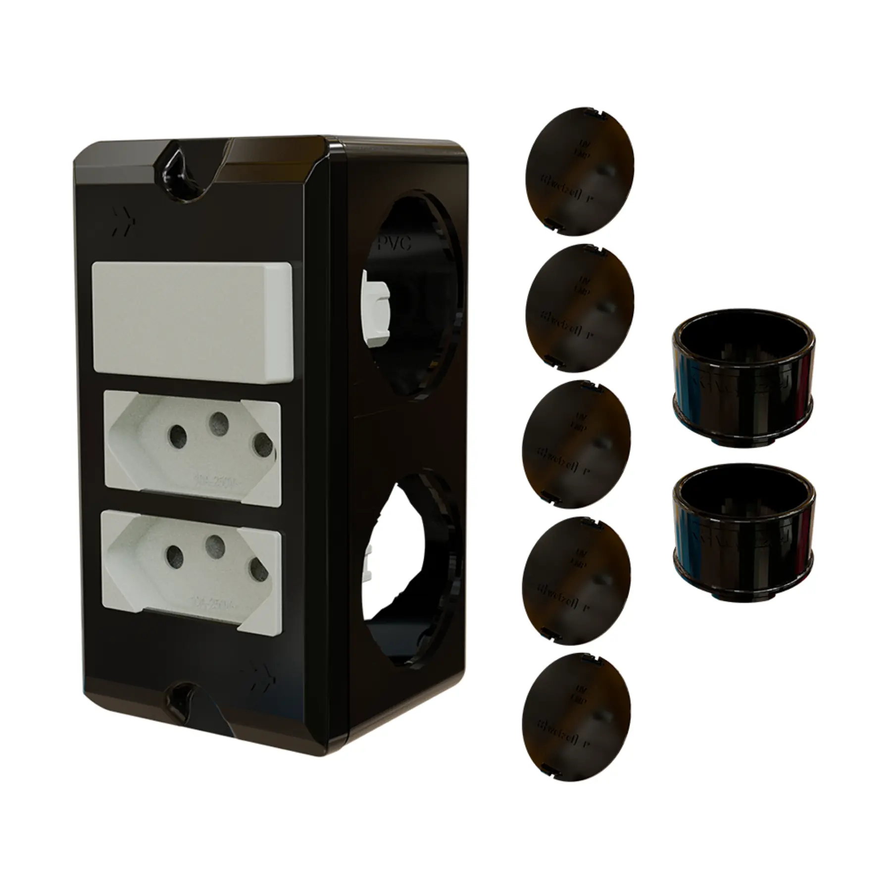 Combo Poliwetzel 1" PVC 2 Tomadas 20A 1 Interruptor Paralelo 2 Conectores 5 Tampões Preto Wetzel