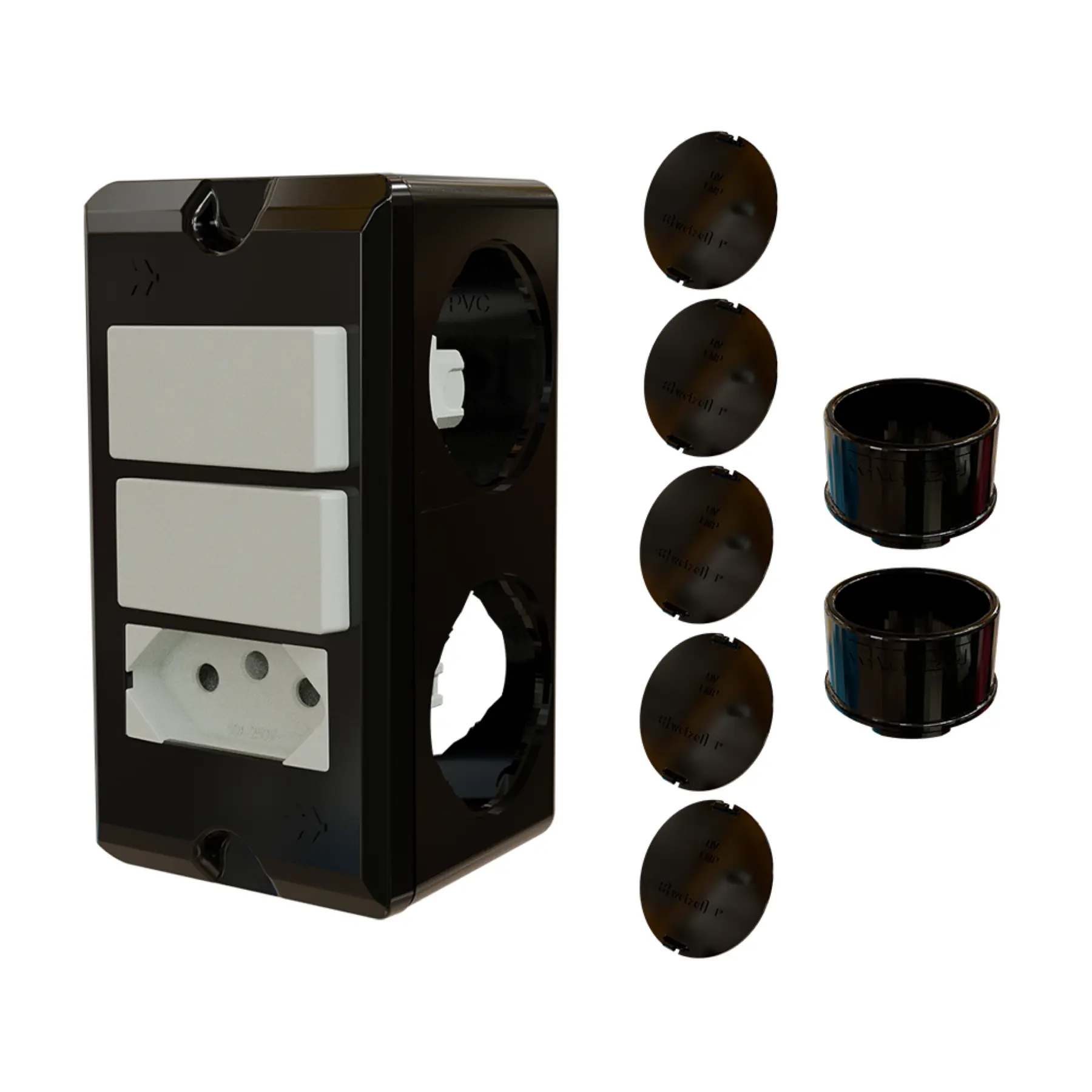 Combo Poliwetzel 1" PVC 2 Interruptores Paralelos 1 Tomada 20A 2 Conectores 5 Tampões Preto Wetzel