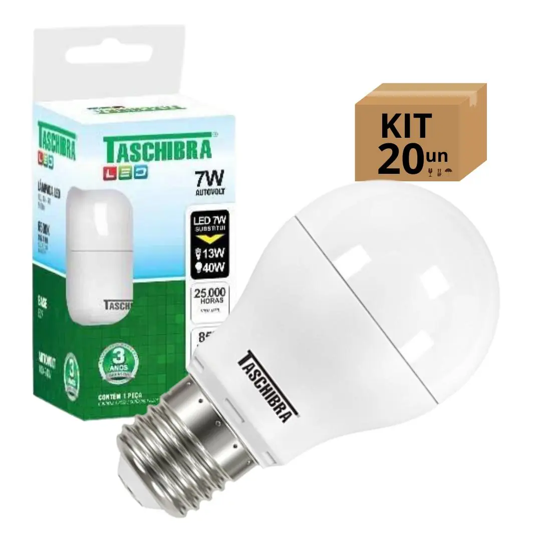 Kit 20 Lâmpadas Bulbo Led Taschibra Tkl Bivolt E27 7w 6500k