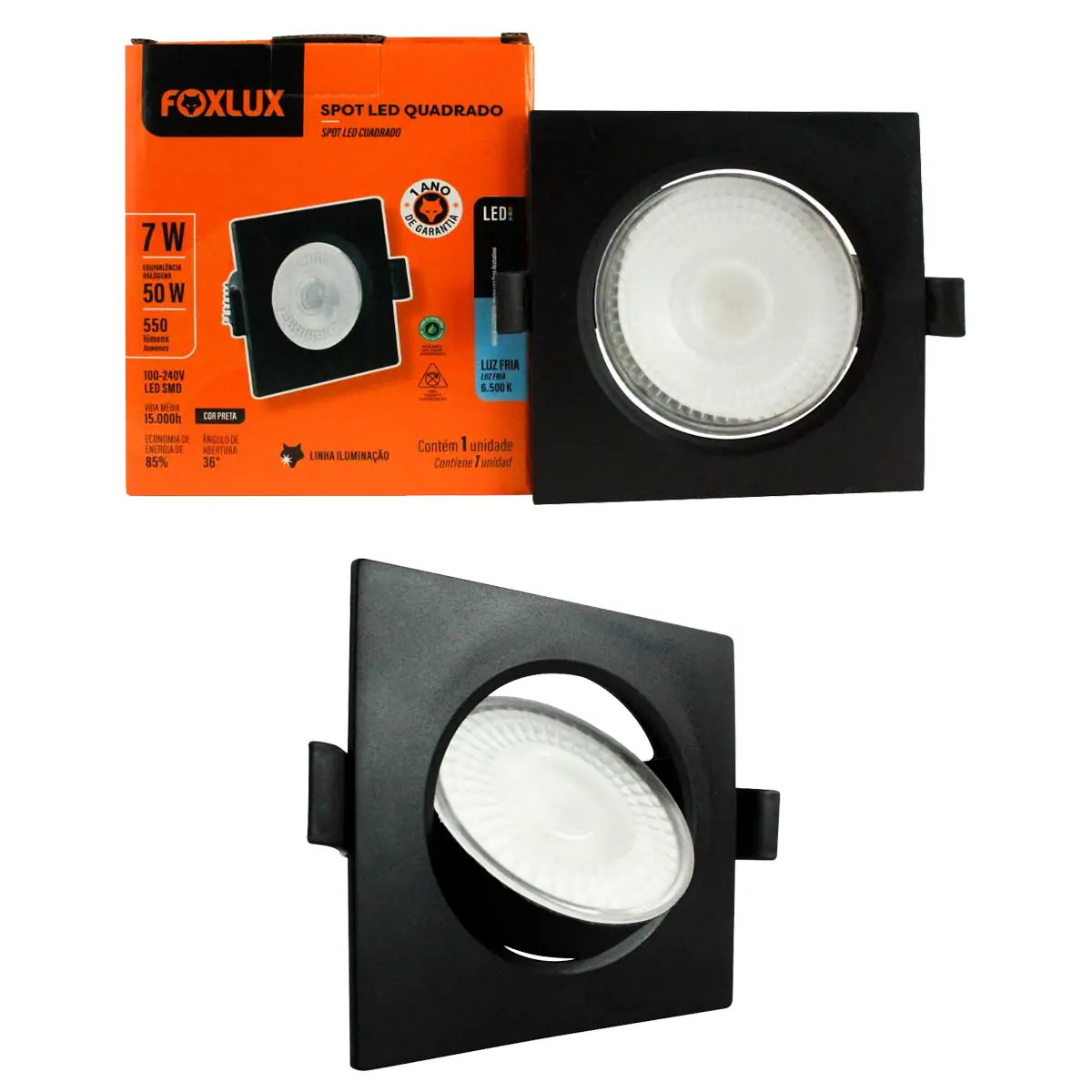 Kit 2 Spot Led Foxlux Quadrado 7w 6500k Bivolt Preto