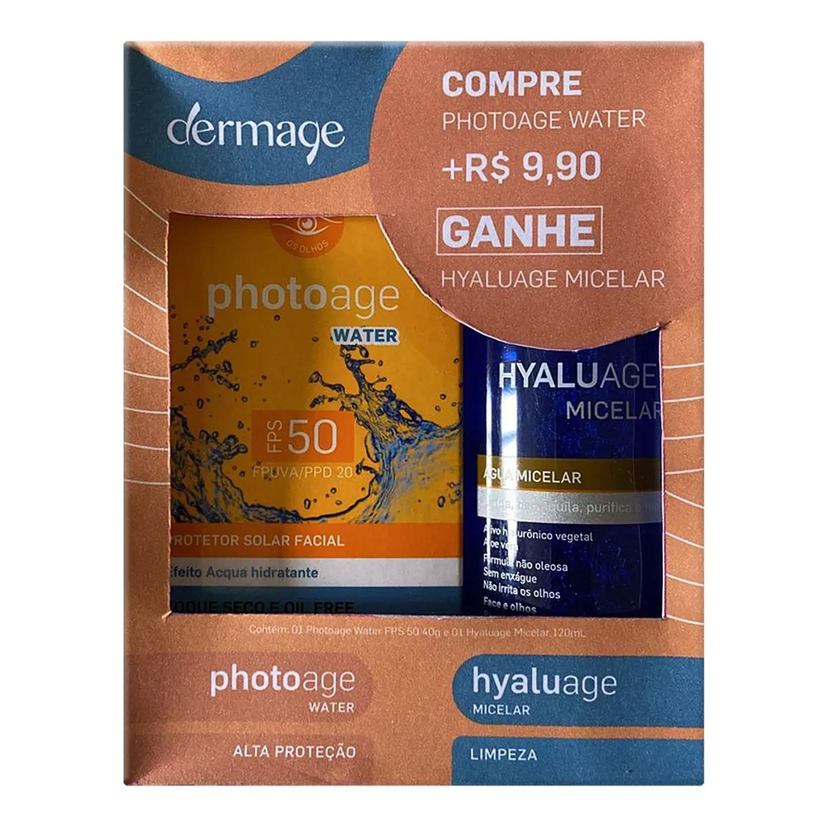 Kit Protetor Solar Facial Toque Seco Fps 50 Fp Uva 20 Photoage Water 40g água Micelar Hyaluage 120ml