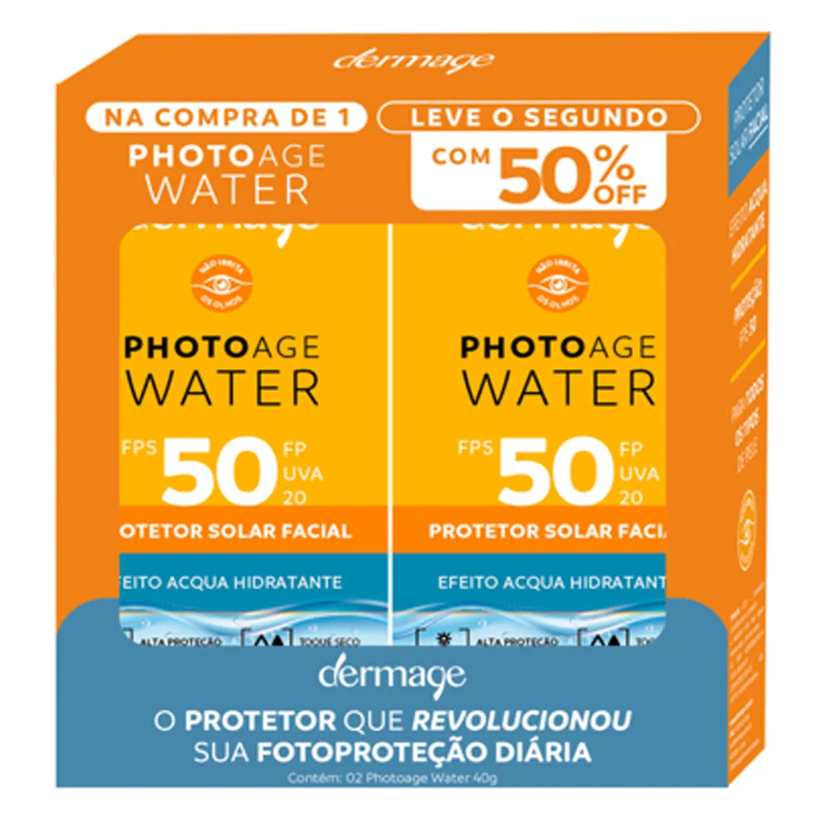 Kit Protetor Solar Facial Dermage FPS 50 Photoage Water 40g 2 Unidades