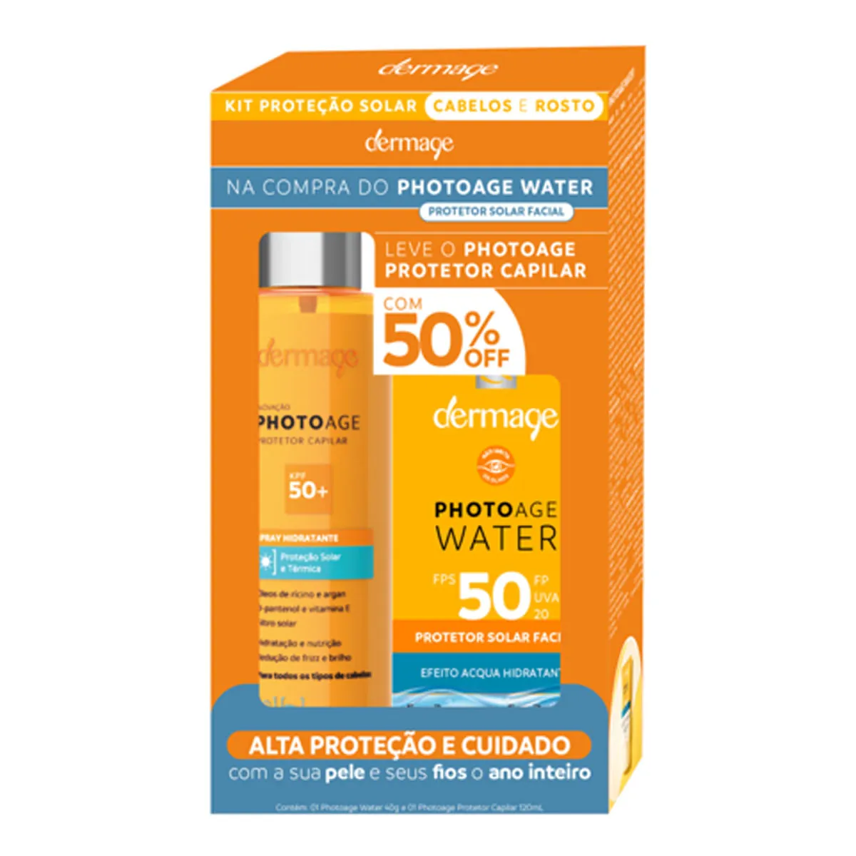 Kit Protetor Solar Dermage FPS 50 Photoage Water Facial 40g + Capilar 120ml