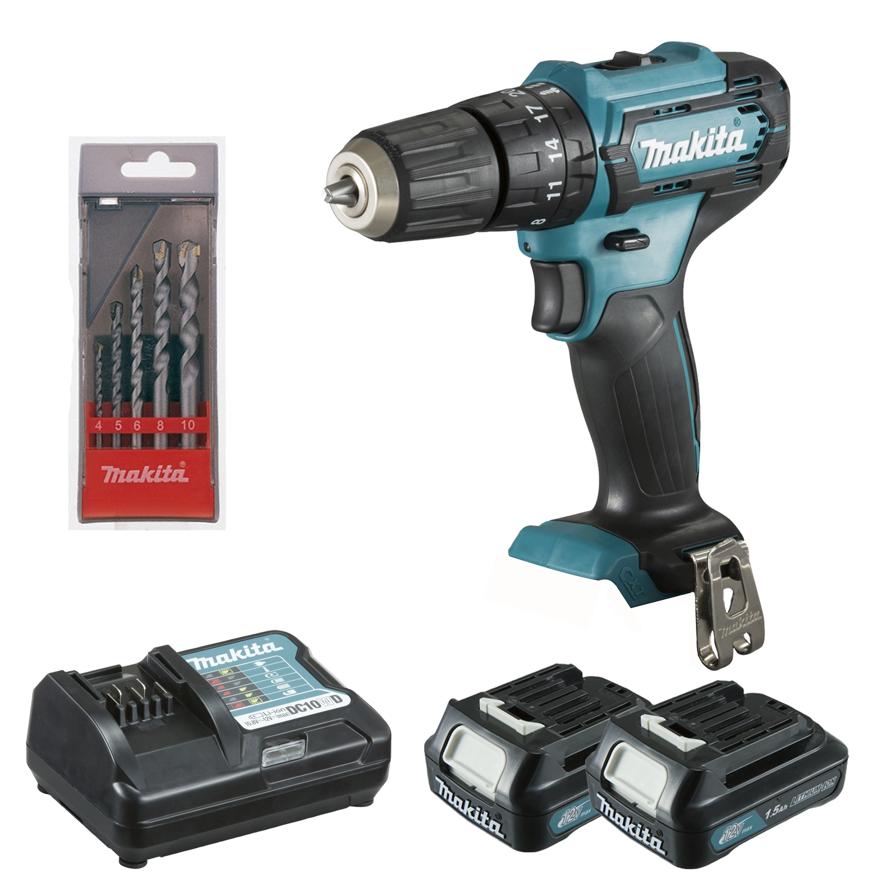 Furadeira e Parafusadeira de Impacto Makita HP333DWYX3-P a Bateria 12V 3/8" com Carregador, 2 Baterias e Jogo de Brocas