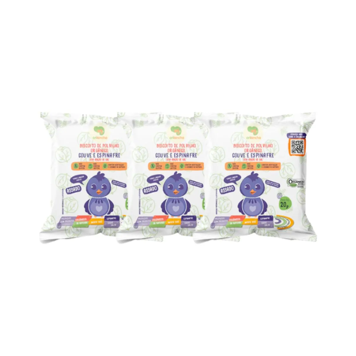 Kit 3X: Biscoito de Polvilho Couve e Espinafre Vegano Orgânico Crilancha 20g