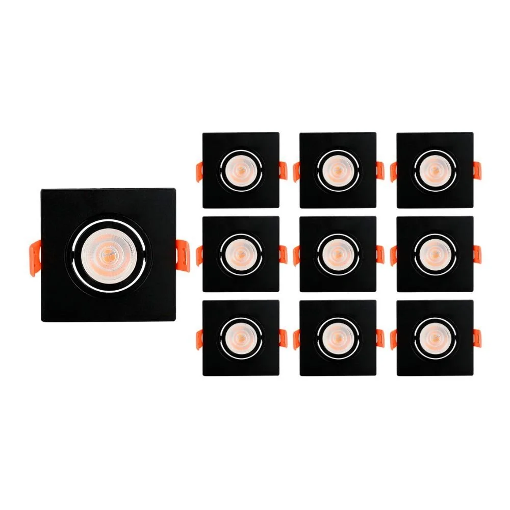 10 Spots De Embutir Plano Mbled Para 1 Lâmpada Mr16 Quadrado Preto