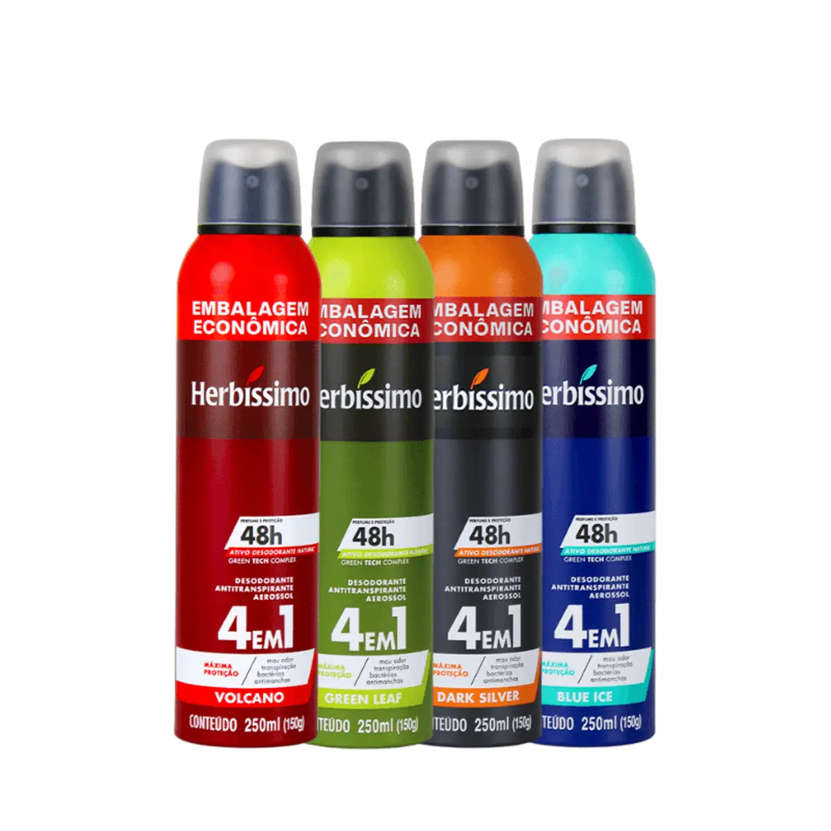 Kit Desodorante Aerosol Antitranspirante Herbíssimo Blue Ice + Green Leaf + Volcano + Dark Silver 25