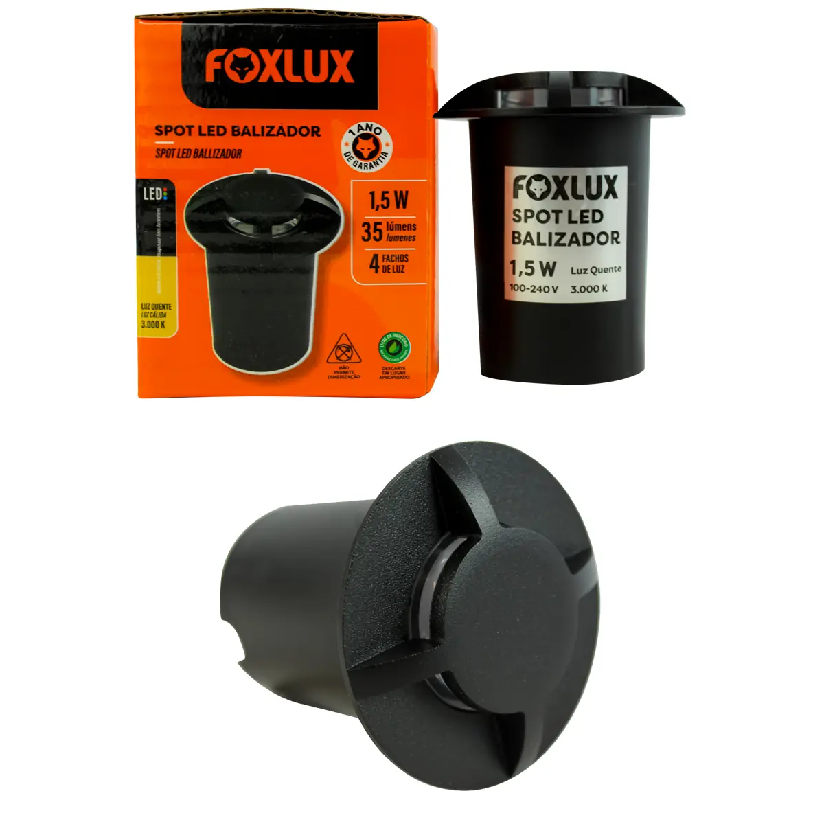 Kit 2 Spot Led Balizador Foxlux 1,5w 3000k 4 Fachos Preto