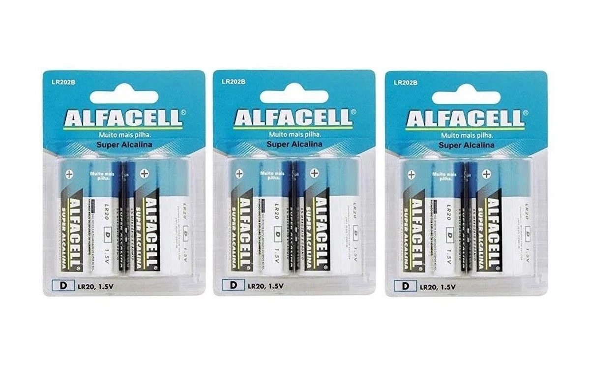 Pilha Alcalina D2 Grande Alfacell 6 Unidades Aquecedor A Gás