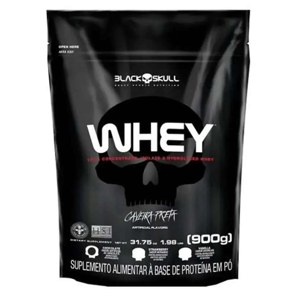 Refil Whey 100% black skull Morango 900g - Refil Whey 100% Caveira Preta Morango 900g