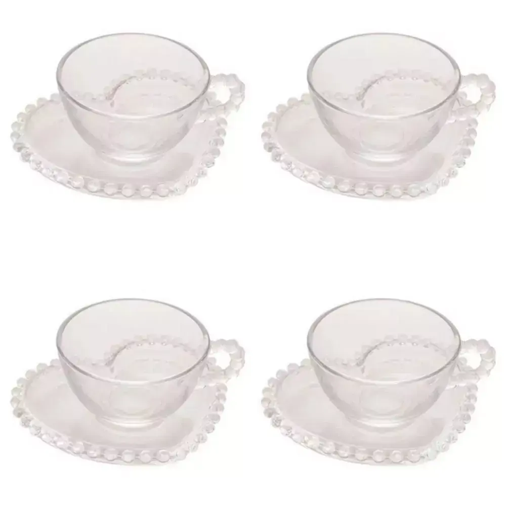 Conjunto de 4 Xícaras com Pires Coração Wolff Cristal 180ml