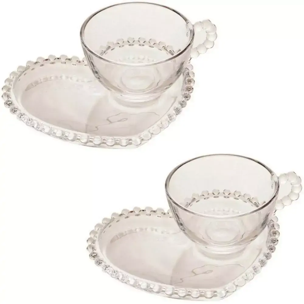 Jogo de 2 Xícaras c/Pires Coração Wolff Cristal Pearl 180ml