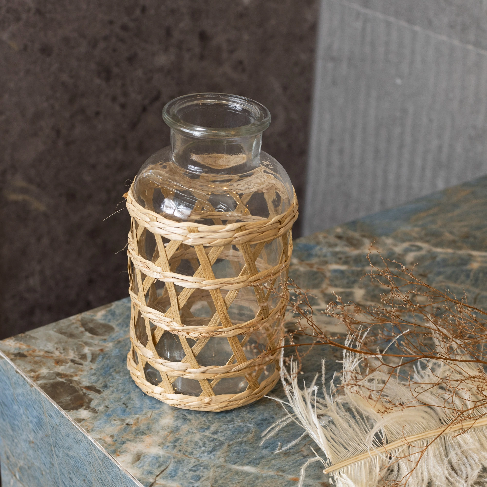 Vaso De Vidro E Fibra Natural 10cm X 19,5cm