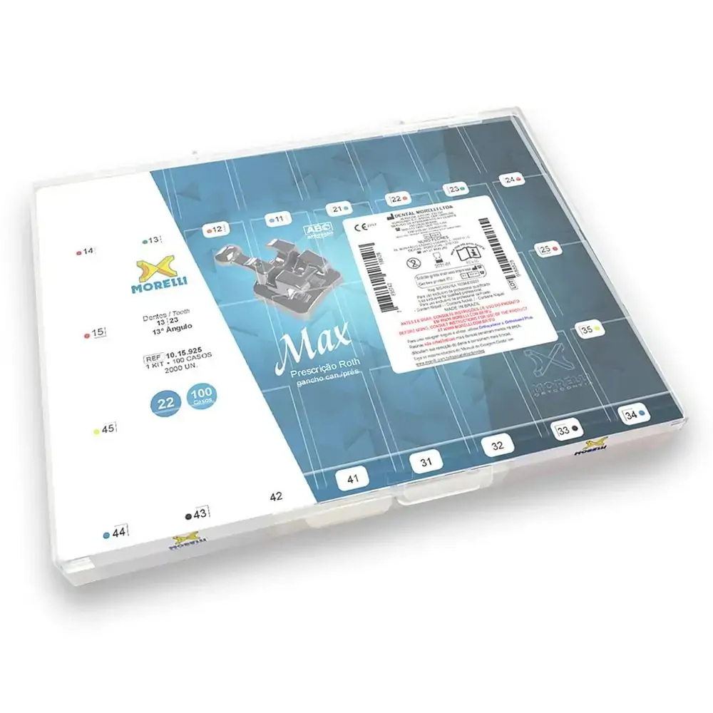 10.15.925 Kit Bráquetes 100 Casos Prescrição Roth Max .022 Canino 13°Ang Gancho Can/Pres - Morelli -