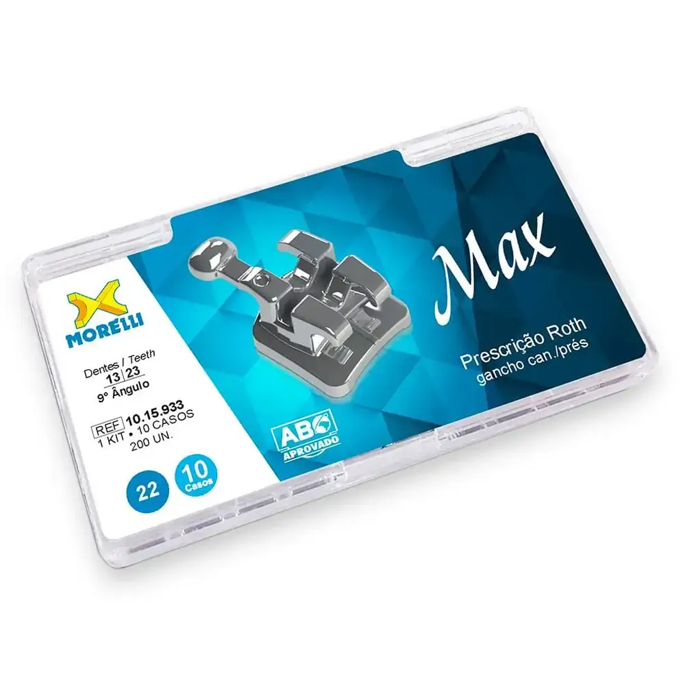 1015933 Kit Bráquetes 10 Casos Prescrição Roth Max .022 Canino 9°Ang Gancho Can/Pres - Morelli
