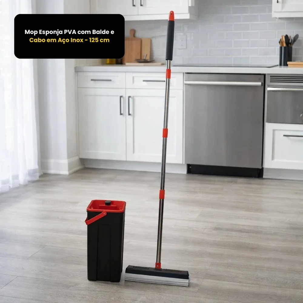 Mop Esponja Pva Com Balde E Cabo Em Aço Inox - 125 Cm