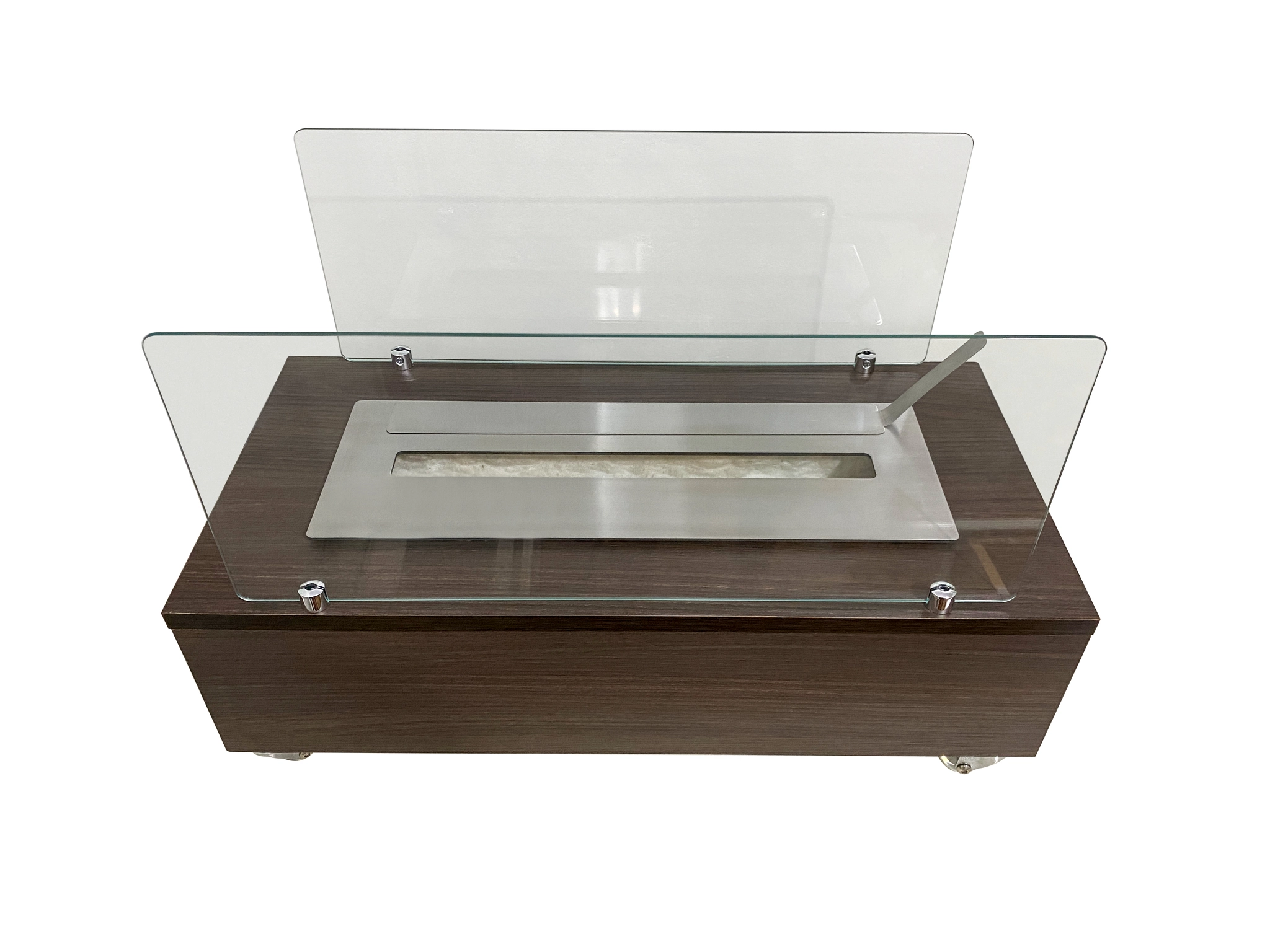 Lareira Ecológica 60 Cm Inox Etanol Álcool Rodízios Carvalho Escuro Amadeirado Vidros Proteção
