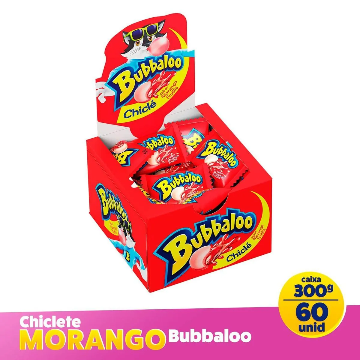 Chiclete Morango Bubbaloo Caixa 300g 60 Unidades
