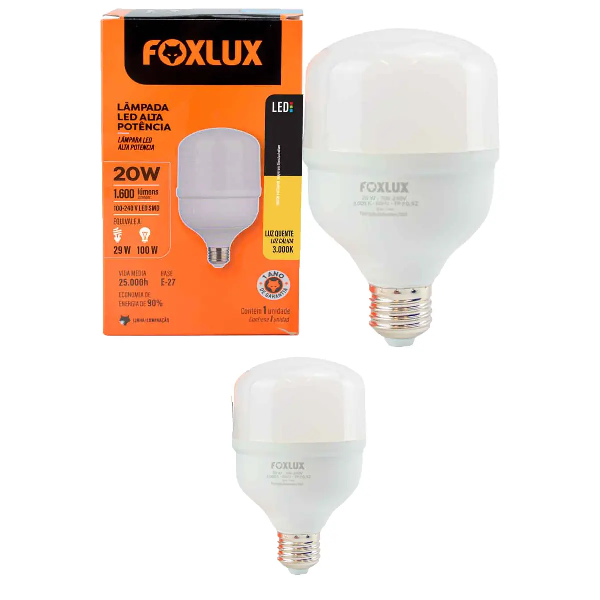 Kit 2 Lâmpada Led De Alta Potência Foxlux E-27 20w 3000k Biv